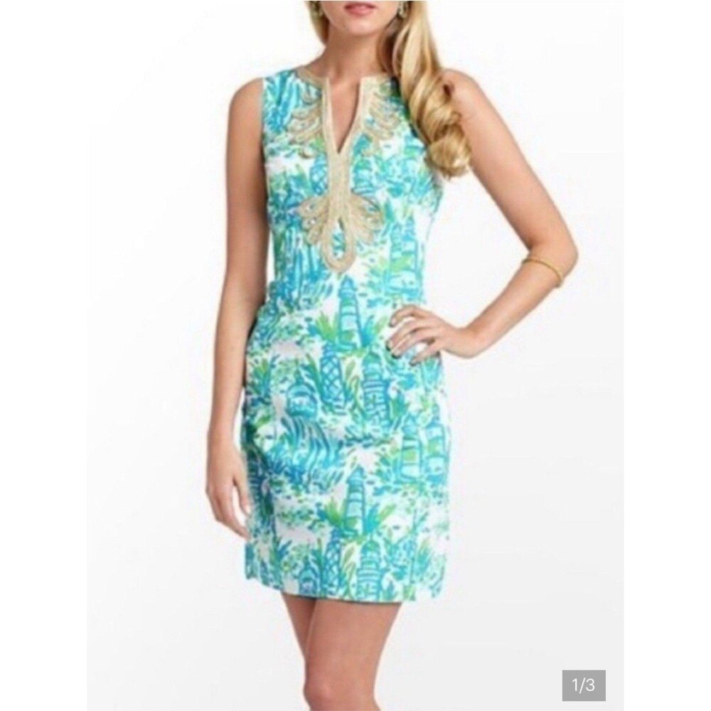 Lilly Pulitzer Janice Shift Dress Womens 2 Blue Lighthouse Gold Trim Sleeveless - Picture 1 of 9